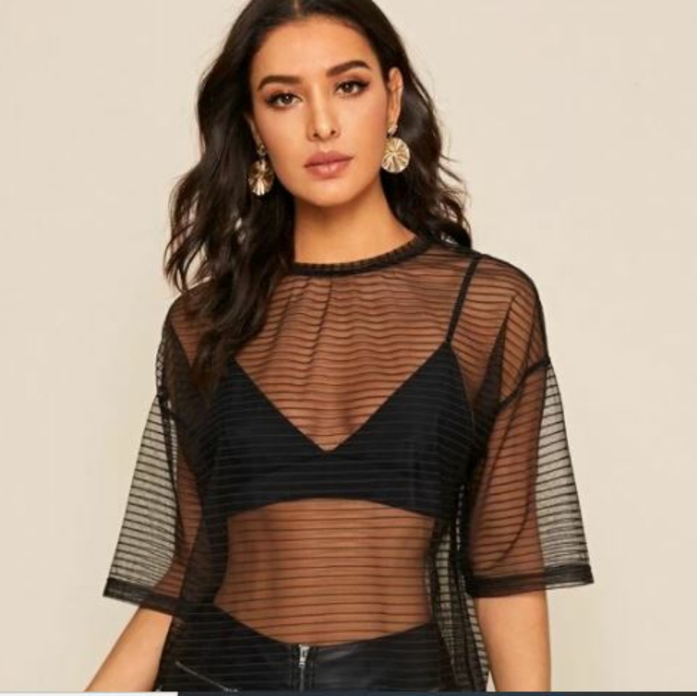 Shein Drop Shoulder Striped Mesh Sheer Top